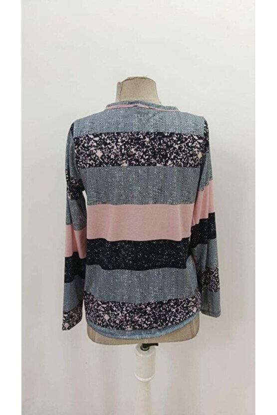 Kadın Uzun Kollu Yakadan Düğmeli çizgili Desenli Süprem Bluz