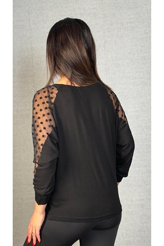 Kadın Yarasa Kol Puantiyeli Tül Detay Bluz