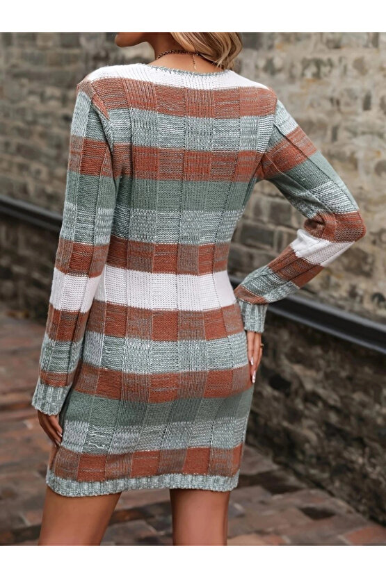 Kadın Uzun Kollu V Yakalı çizgili çok Renkli Triko Mini Elbise