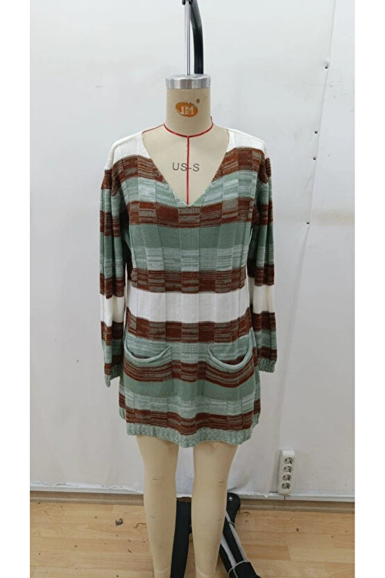 Kadın Uzun Kollu V Yakalı çizgili çok Renkli Triko Mini Elbise