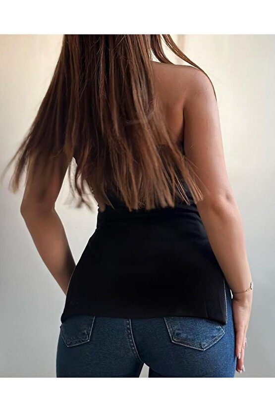 Kadın Kolsuz Iki Yanı Fermuarlı Straplez Dalgıç Bluz