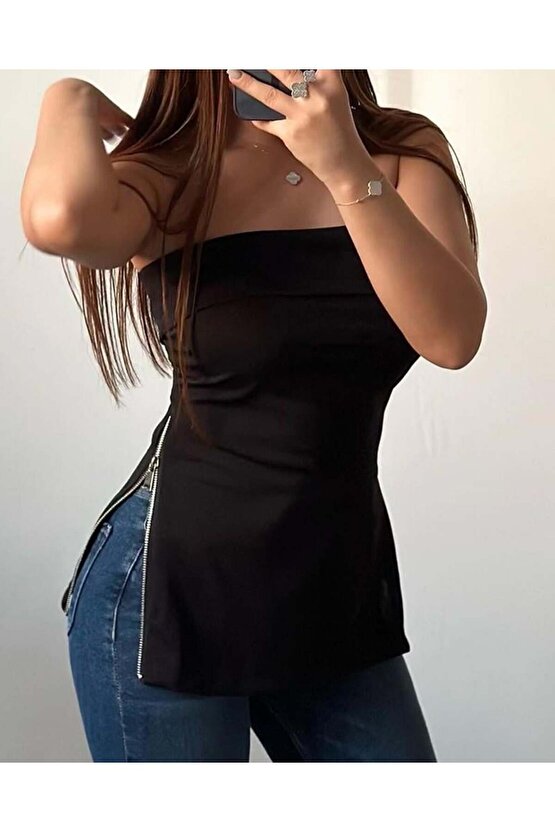 Kadın Kolsuz Iki Yanı Fermuarlı Straplez Dalgıç Bluz