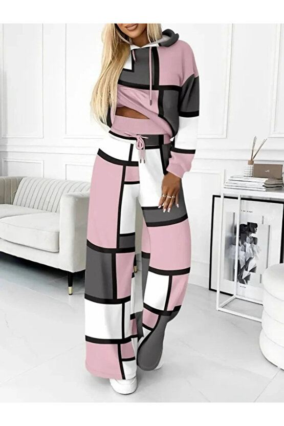 Kadın Uzun Kollu Kapşonlu Bağcıklı Desenli Iki Iplik Bluz Ve Pantolon Ikili Takım