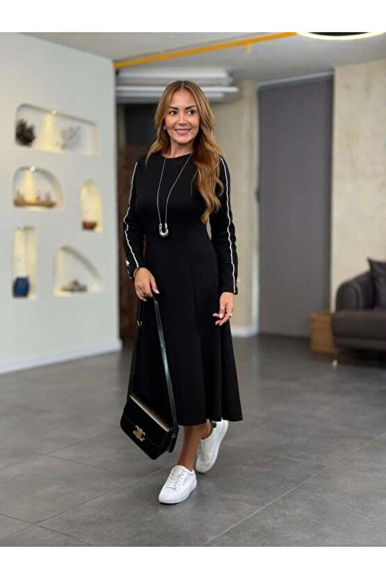 Kadın Uzun Kollu Bisiklet Yaka Midi Modal Elbise