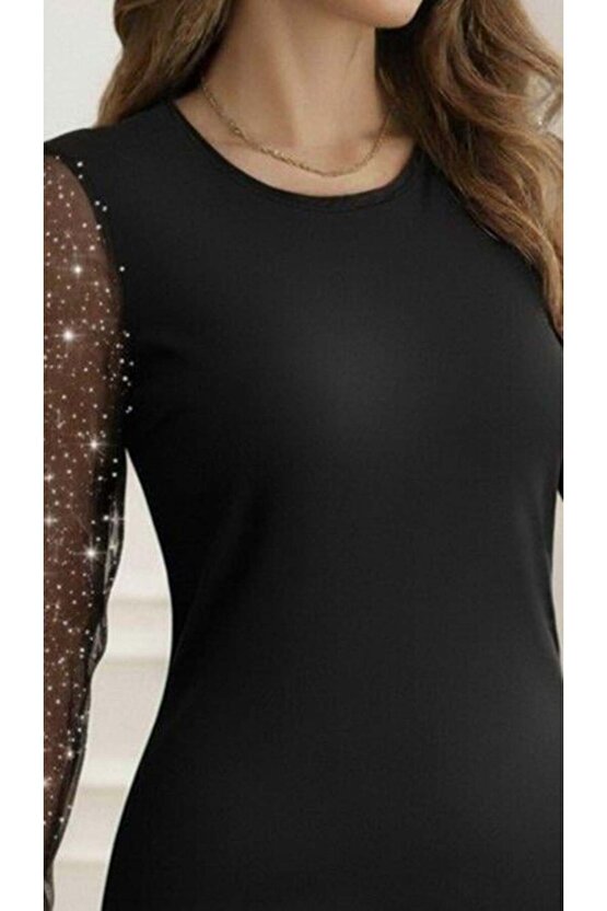 Kadın Bisiklet Yaka Kol Tül Detay Dalgıç Mini Boy Elbise