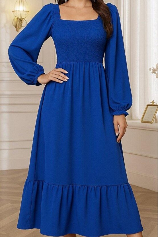 Kadın Uzun Kollu Kare Yakalı Gipeli Uzun Trikoton Elbise