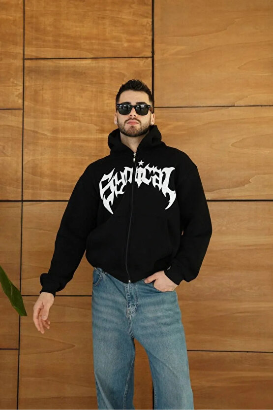 Erkek Kapüşonlu Sweatshirt Hoodie 3 İplik Şardonlu Pamuklu Kumaş, Önü Baskılı, Fermuarlı Rahat Kalı