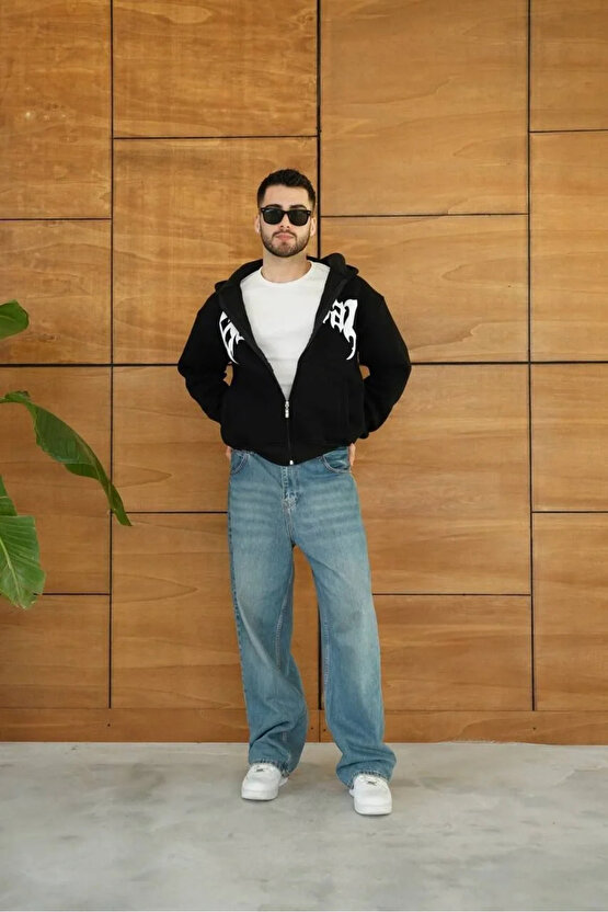 Erkek Kapüşonlu Sweatshirt Hoodie 3 İplik Şardonlu Pamuklu Kumaş, Önü Baskılı, Fermuarlı Rahat Kalı