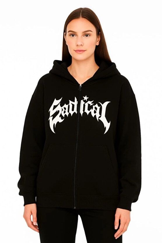 EQURİ Oversize Kapüşonlu Sweatshirt Hoodie 3 İplik Şardonlu Pamuklu Kumaş, Önü Baskılı, Fermuarlı R