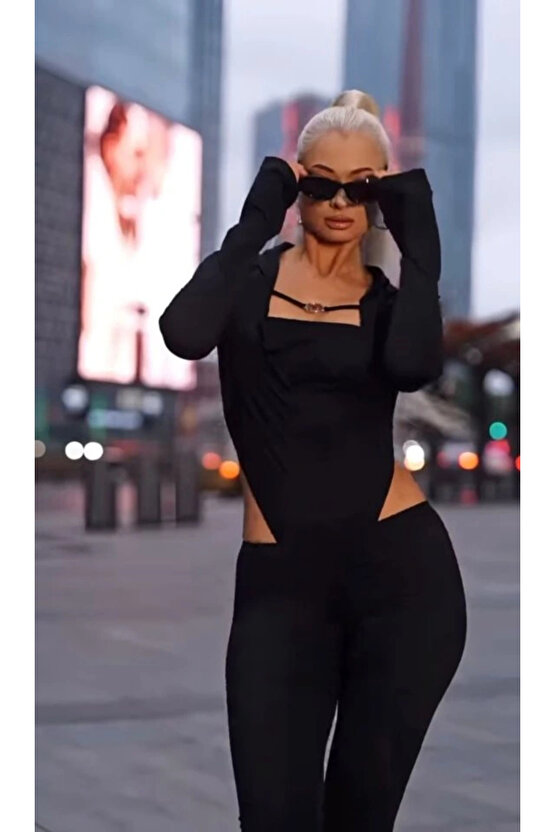 MDB Kadın Uzun Kollu Kare Yaka Toka Ve Bel Dekoltesi Detaylı Tulum Tulum