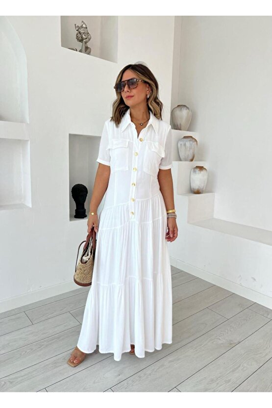 Kadın Dokuma Kumaş Cep Detaylı Maxi Boy Gömlek Elbise