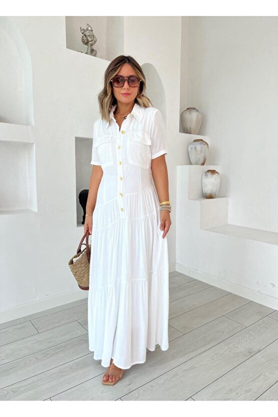 Kadın Dokuma Kumaş Cep Detaylı Maxi Boy Gömlek Elbise