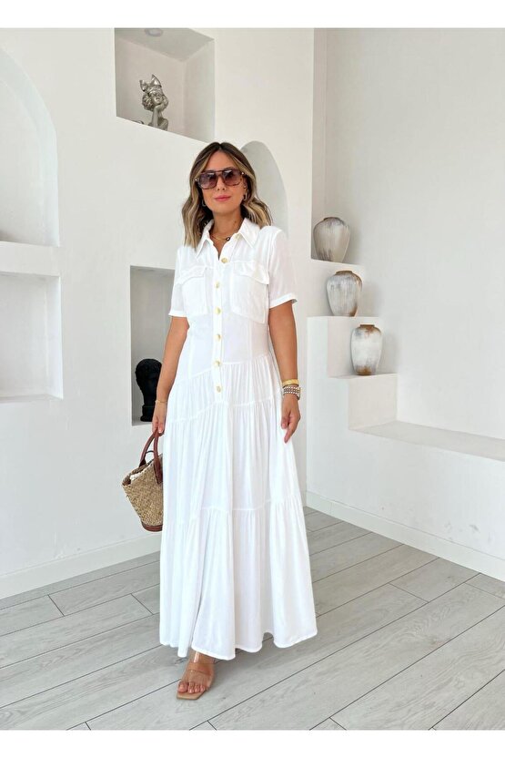 Kadın Dokuma Kumaş Cep Detaylı Maxi Boy Gömlek Elbise