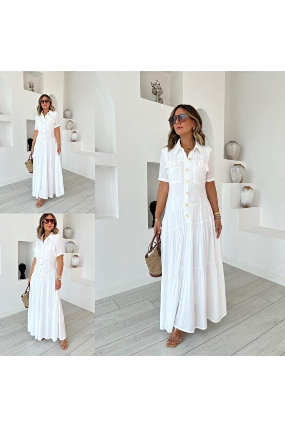 Kadın Dokuma Kumaş Cep Detaylı Maxi Boy Gömlek Elbise