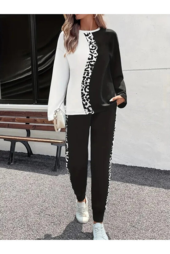 MDB Kadın Uzun Kollu Bisiklet Yaka çift Renkli Viskon Iki Iplik Bluz Ve Pantolon Ikili Takım