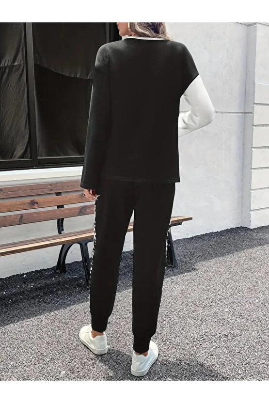 MDB Kadın Uzun Kollu Bisiklet Yaka çift Renkli Viskon Iki Iplik Bluz Ve Pantolon Ikili Takım