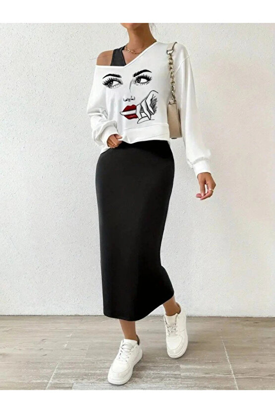 MDB Kadın Askılı Yuvarlak Yaka Viskon Iki Iplik Elbise Ve V Yakalı Bluz Ikili Takım