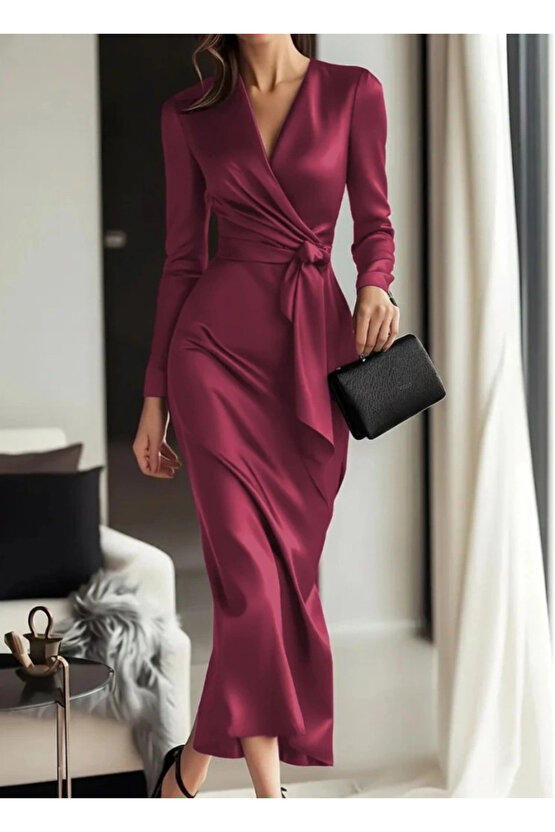 Kadın Uzun Kollu Kruvaze Yakalı Beli Kuşaklı Uzun Saten Elbise