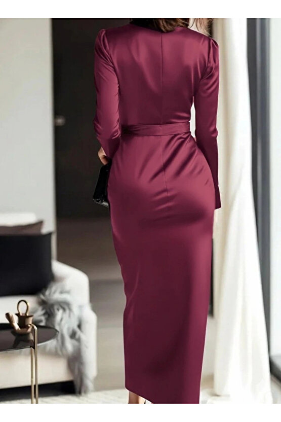 Kadın Uzun Kollu Kruvaze Yakalı Beli Kuşaklı Uzun Saten Elbise
