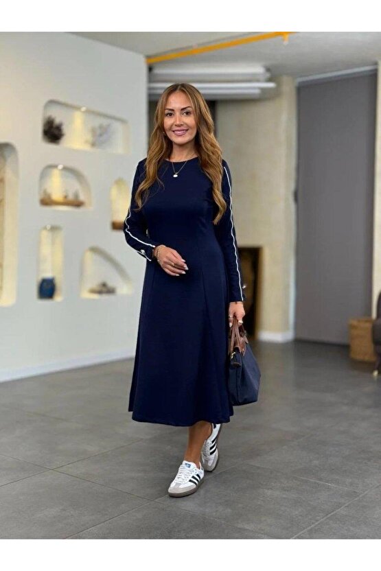 Kadın Uzun Kollu Bisiklet Yaka Midi Modal Elbise