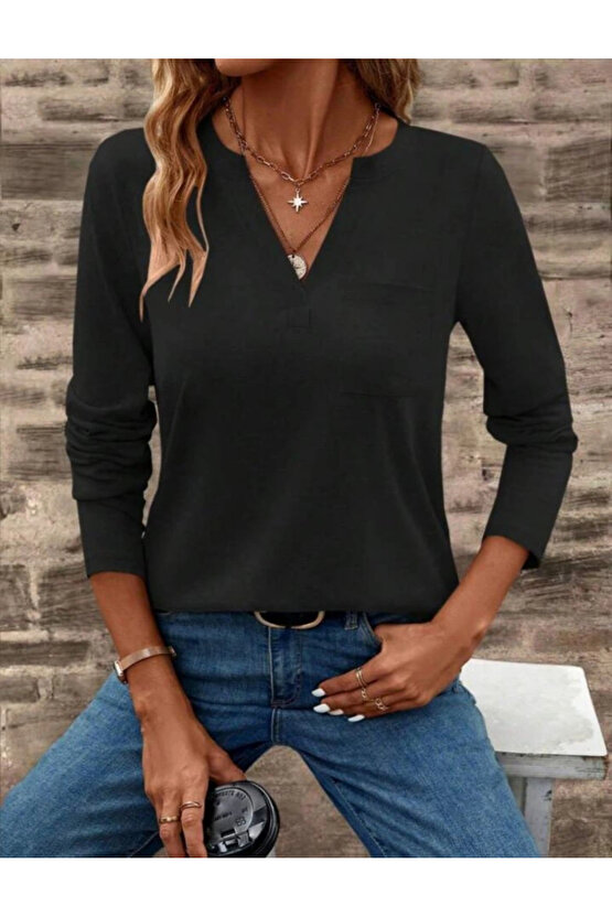 Kadın Uzun Kollu Cepli V Yakalı Viskon Iki Iplik Bluz
