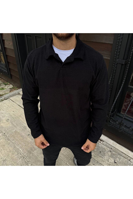 Erkek Fitilli Polar Sweatshirt – Düğmesiz Polo Yaka, Oversize Rahat Kalıp, Kalın Polar Kumaş, Kışlık