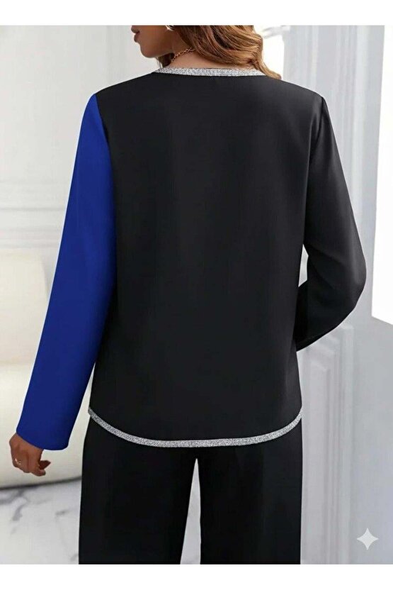 Kadın Uzun Kollu V Yakalı Pul Payet Işlemeli Ithal Krep Bluz