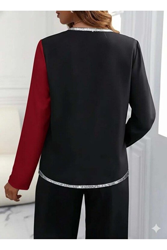 Kadın Uzun Kollu V Yakalı Pul Payet Işlemeli Ithal Krep Bluz
