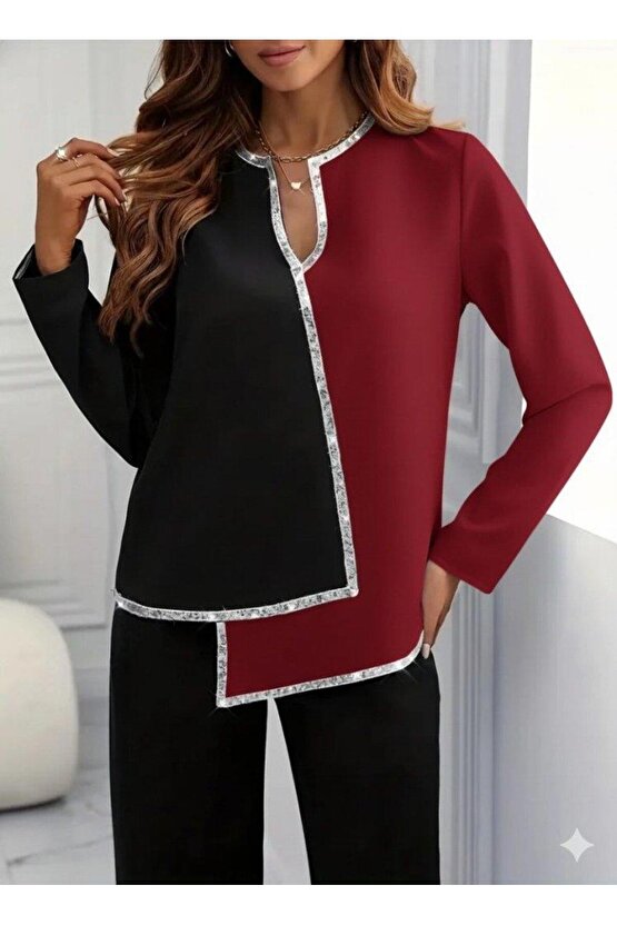 Kadın Uzun Kollu V Yakalı Pul Payet Işlemeli Ithal Krep Bluz
