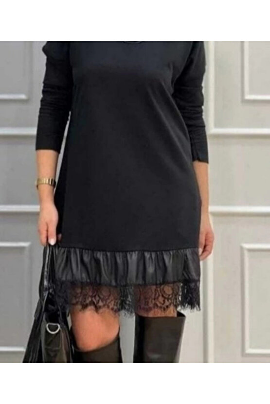 Kadın Uzun Kollu Bisiklet Yaka Etek Ucu Deri Dantelli Viskon Iki Iplik Midi Elbise