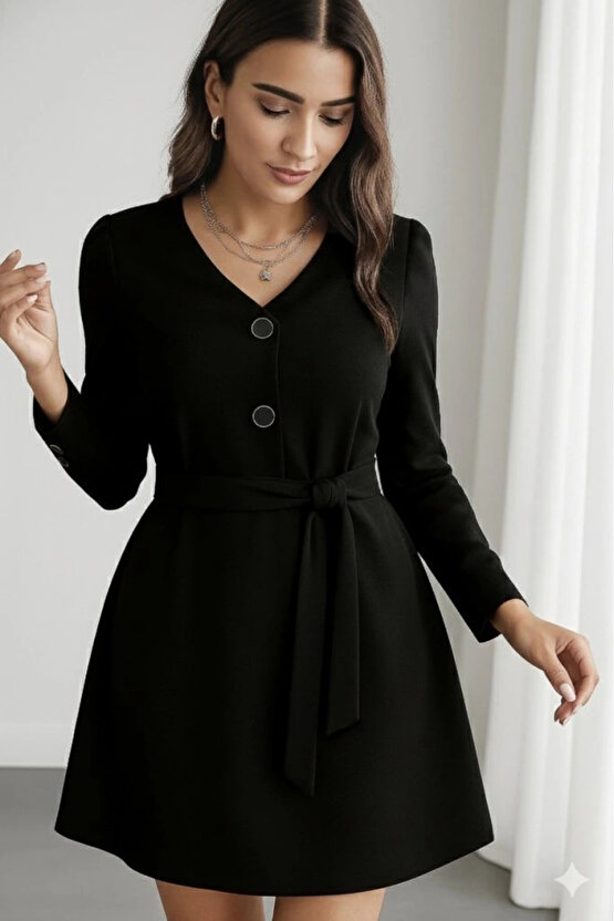 Kadın Uzun Kollu Düğme Detaylı Kendinden Kemerli Ithal Krep Elbise