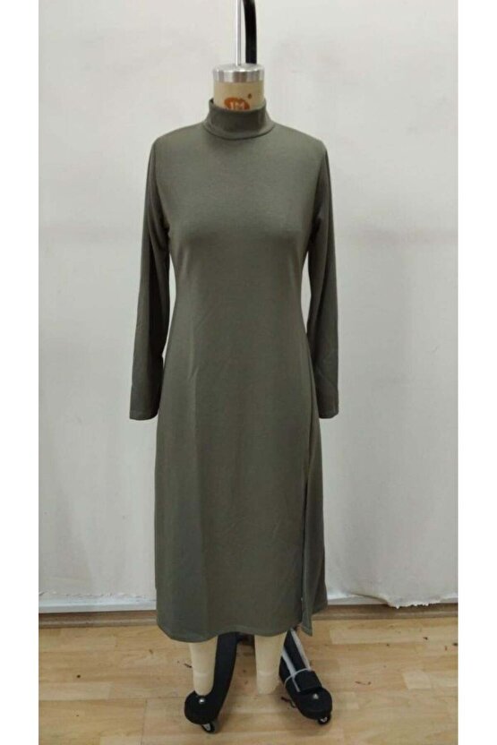 Kadın Uzun Kollu Balıkçı Yaka Derin Yırtmaç Detay Krep Elbise