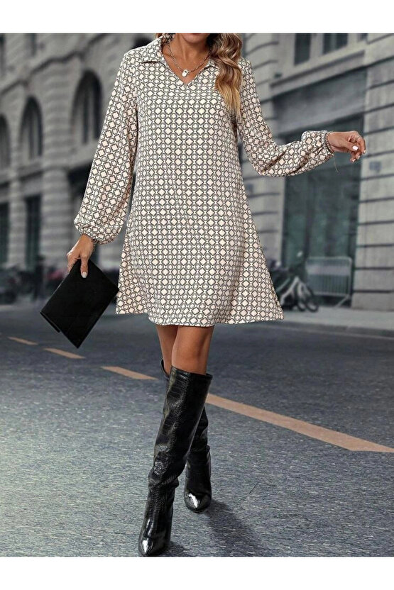 MDB Kadın Uzun Kollu Yakalı Desenli Mini Modal Elbise