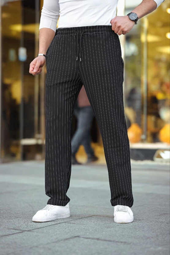 MDB Erkek Cizgili Dokuma Krep Jogger Buggy Pantalon Rahat Kalıp iyah