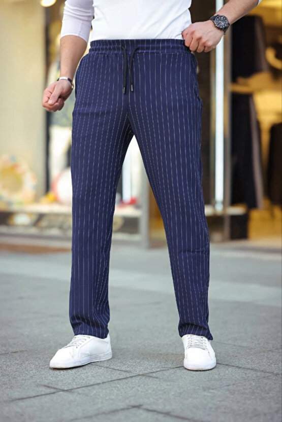 MDB Erkek Cizgili Dokuma Krep Jogger Buggy Pantalon Rahat Kalıp acivert