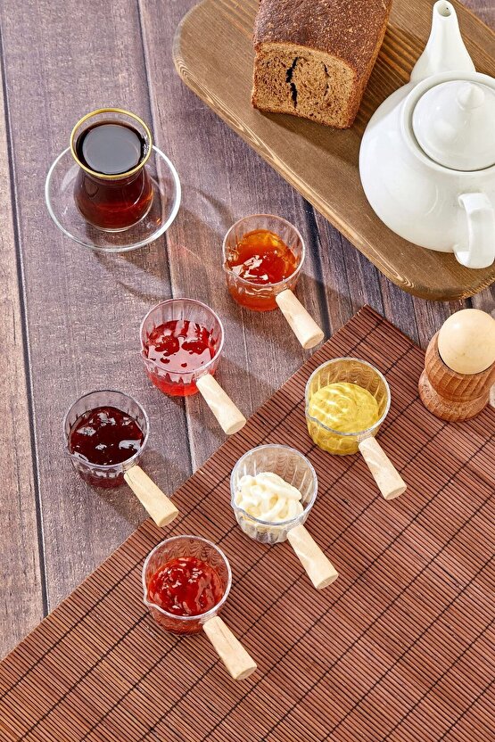 6lı Ahşap Saplı Mıka Reçellik & Sosluk Sofra Sunum Kahvaltı Seti - Ahşap Saplı Sunumluk - 80 ml