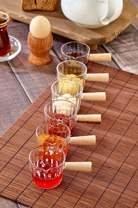 6lı Ahşap Saplı Mıka Reçellik & Sosluk Sofra Sunum Kahvaltı Seti - Ahşap Saplı Sunumluk - 80 ml