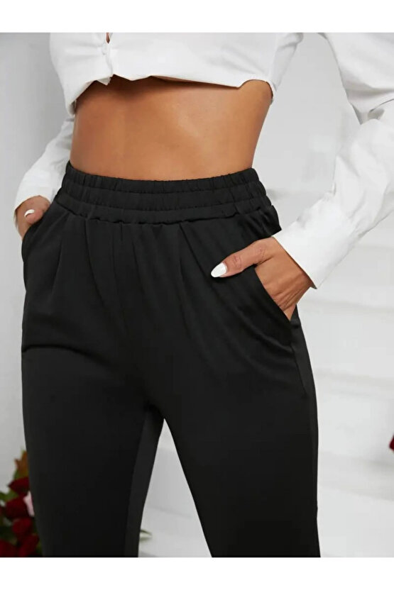 Kadın Pile Detay Beli Lastikli Günlük Slim Fit Viskon Iki Iplik Pantolon