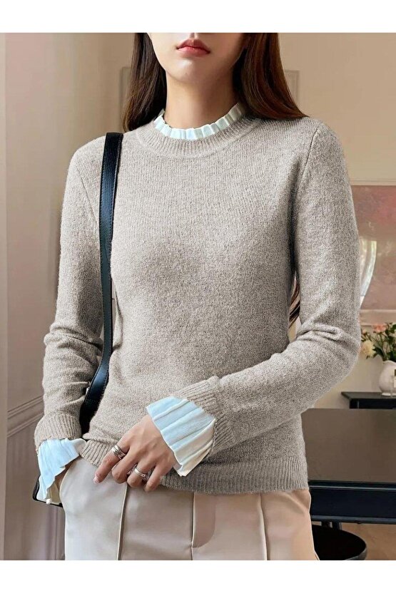 Kadın Uzun Kollu Fırfırlı Yakalı Triko Krem Bluz