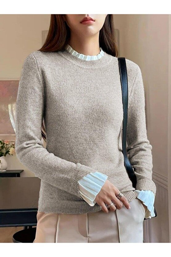 Kadın Uzun Kollu Fırfırlı Yakalı Triko Krem Bluz