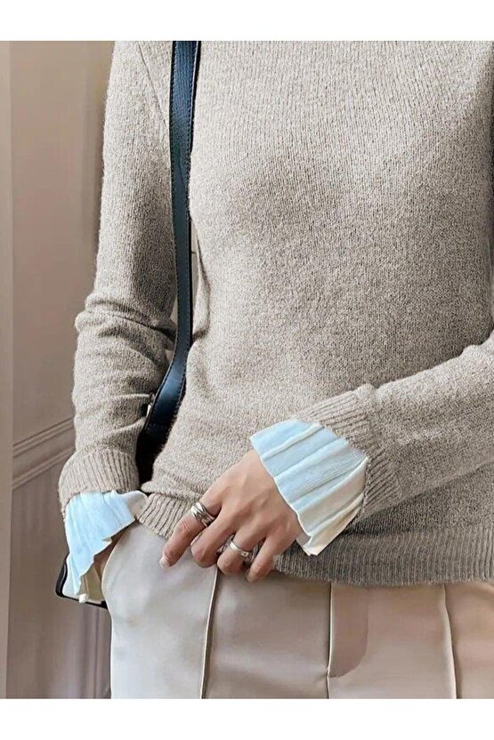 Kadın Uzun Kollu Fırfırlı Yakalı Triko Krem Bluz