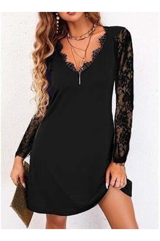 Kadın Uzun Kollu Yaka Ve Kol Dantel Detay Sandy Mini Boy Elbise