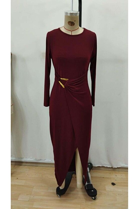 Kadın Uzun Kollu önden çapraz Detaylı Yandan Toka Detaylı Uzun Sandy Elbise