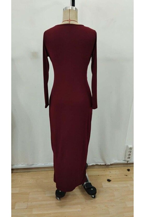 Kadın Uzun Kollu önden çapraz Detaylı Yandan Toka Detaylı Uzun Sandy Elbise