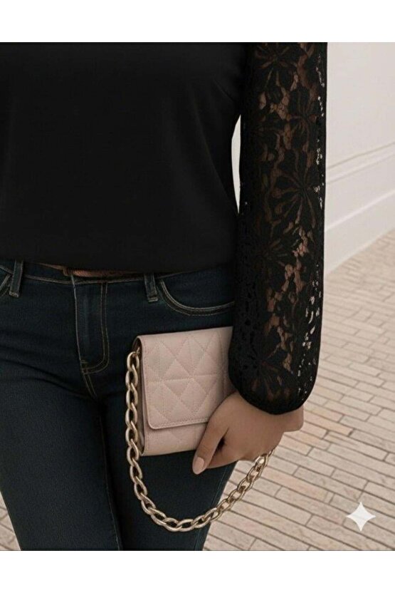 Kadın Uzun Kollu Asimetrik Yakalı Dantelli Ithal Krep Bluz