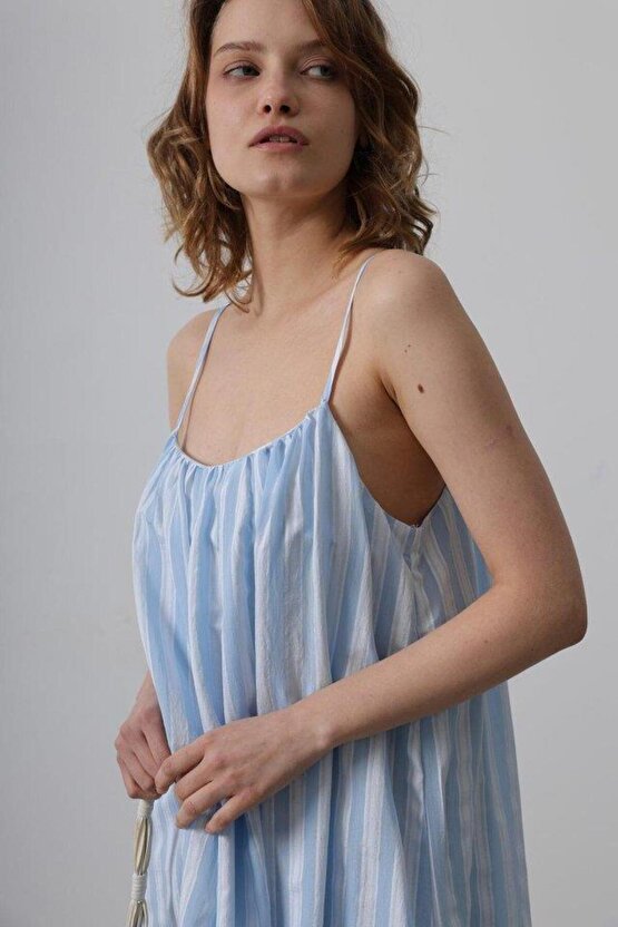 Askılı Çizgi Desen Elbise - Bebe Mavisi