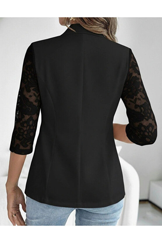 Kadın Uzun Kollu Truvakar Kol önden Düğmeli Cepli Dantelli Atlas Ceket