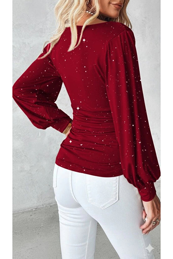 Kadın Uzun Kollu Degaje Yaka Taşlı Sandy Bluz