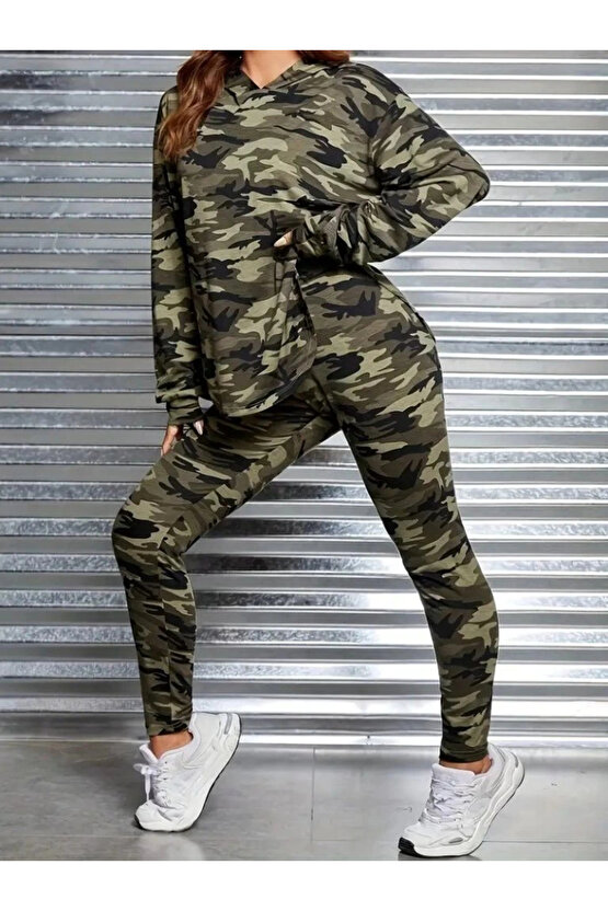 MDB Kadın Uzun Kollu Kapşonlu Kamuflaj Desenli Bluz Ve Pantolon Tayt Ikili Takım