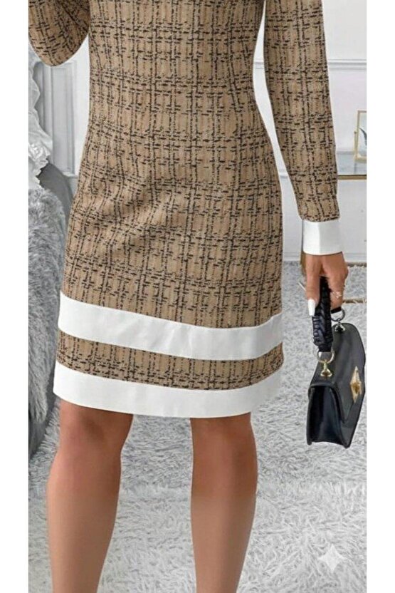 Kadın Uzun Kollu Yuvarlak Yaka Etek Ucu şerit Detaylı Mini Dokuma Elbise